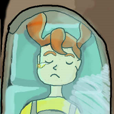 Amy in a cryotube as she travels for 30 years to Earth after her dad lost his job in an asteroid colony.
