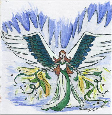 A winged woman summoning plants to her aid