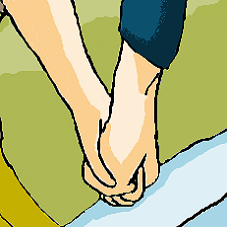 Two hands of a girl and boy holding eachother's hands