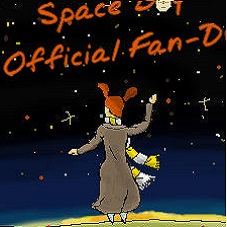 Amy, in a long coat and with her yellow and white scarf stand against the starry expanse of space with Oliver's space ship overhead in the distance.